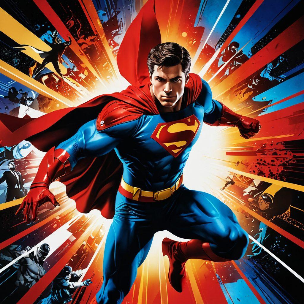 A dynamic collage of iconic movie scenes, featuring a blockbuster superhero flying through the air, a gripping thriller character lurking in shadows, and an array of colorful film reels spiraling together. Include vibrant red and blue tones to emphasize excitement and tension, with a stylish film strip border framing the entire scene. cinematic poster style. vibrant colors. high contrast.