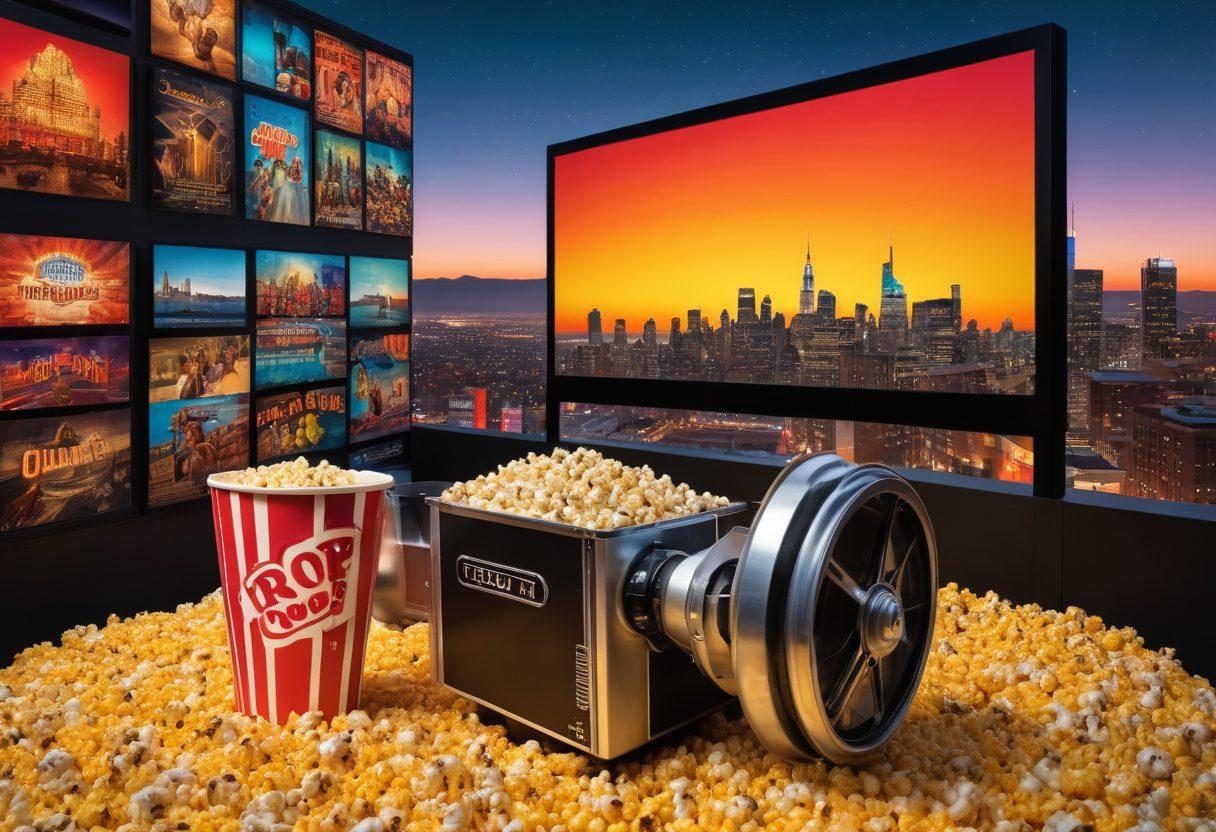 A dynamic collage of iconic film scenes, featuring a cinema landscape with a vintage film projector casting light onto a silver screen, surrounded by popcorn buckets and movie reels. Movie posters of diverse genres float around, with a vibrant city skyline at dusk in the background. Include subtle hints of film awards and critics’ notes scattered throughout for enhanced storytelling. super-realistic. vibrant colors. cinematic style.