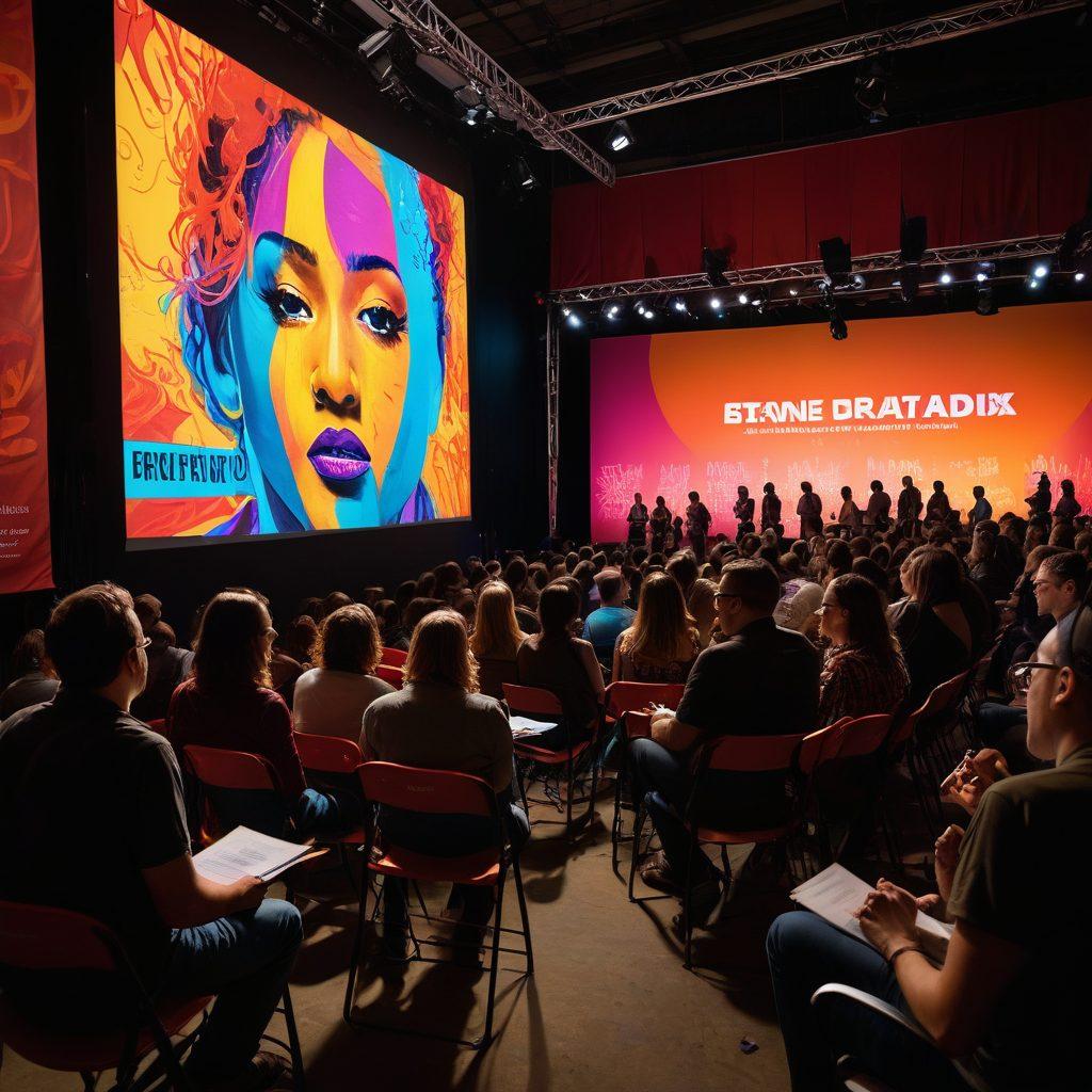 A captivating behind-the-scenes scene featuring a busy film festival with filmmakers discussing their craft, a large projector screen displaying film clips, vibrant banners showcasing movie titles, and an audience engaged in conversation. The setting should be dynamic, with colorful lights illuminating the area, capturing the essence of creativity and storytelling. super-realistic. vibrant colors. cinematic atmosphere.